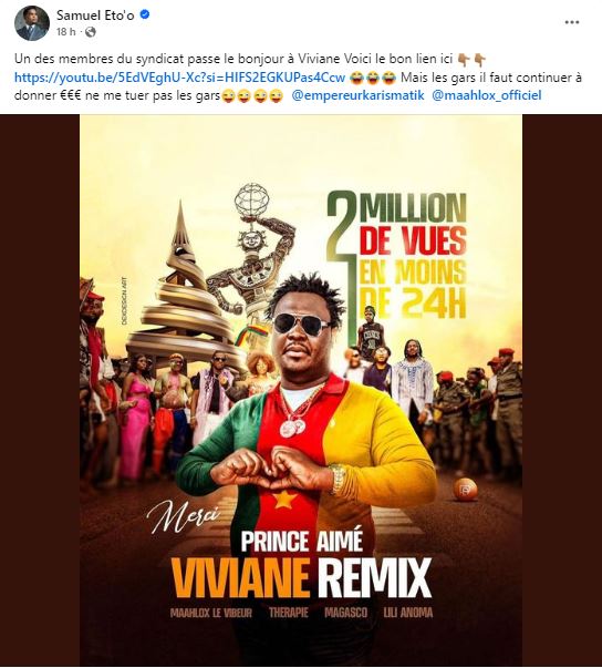 Capture partage du lien de Remix VIVIANE par Samuel Eto'o