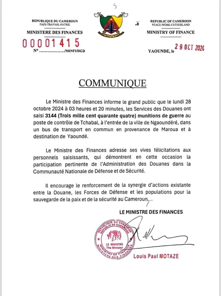 Communiqué du Ministre des Finances sur les munitions saisies à Ngaoundéré