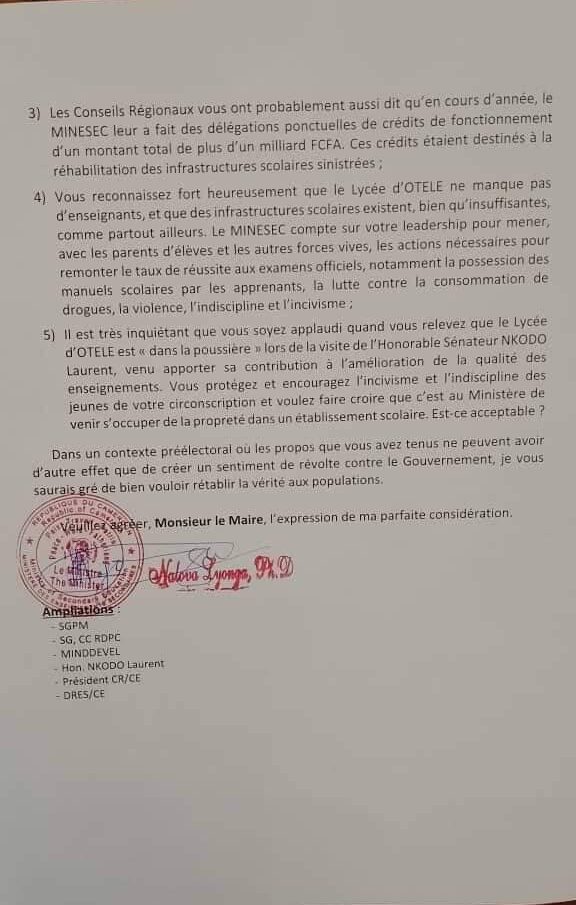 La réponse du Ministre des Enseignements secondaires Pauline Nalova Lyonga au Maire de Ngoumou Jean Baptiste Atemengue - Lepledparle.com