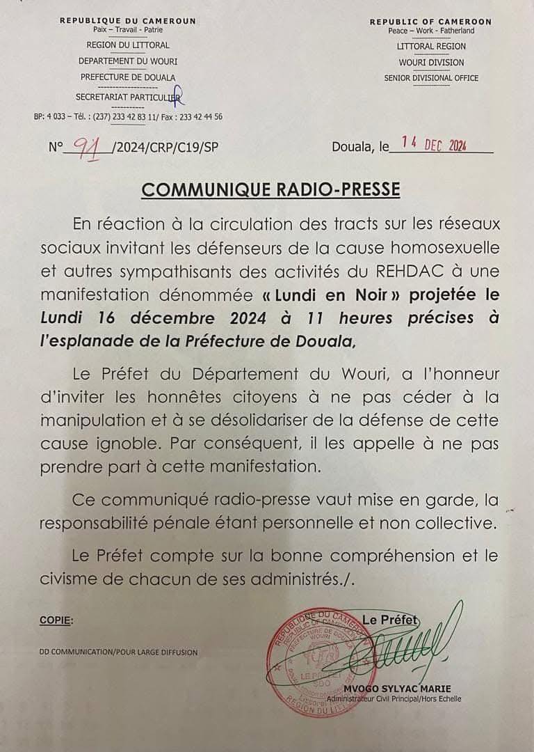 Communiqué prefet du Wouri