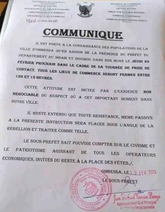 Le Communiqué du sous-prefet d'Ombessa